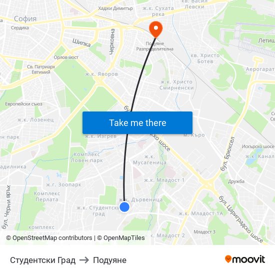 Студентски Град to Подуяне map