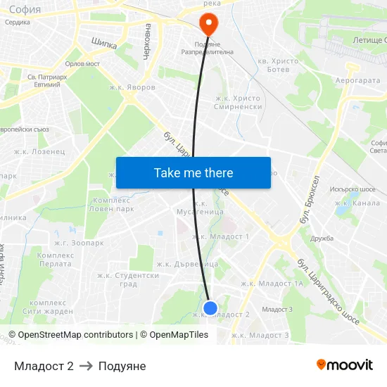 Младост 2 to Подуяне map