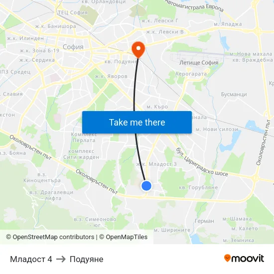 Младост 4 to Подуяне map