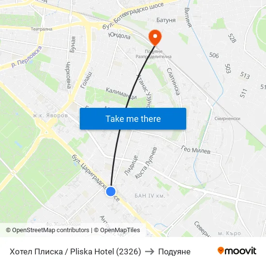 Хотел Плиска / Pliska Hotel (2326) to Подуяне map