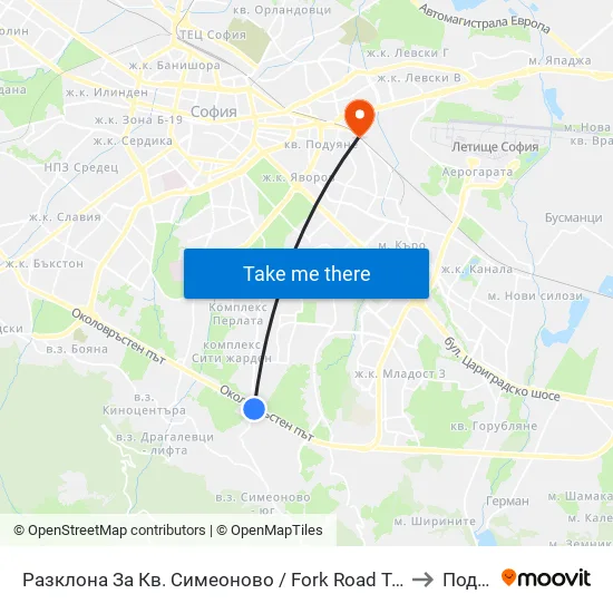 Разклона За Кв. Симеоново / Fork Road To Simeonovo Qr. (1459) to Подуяне map