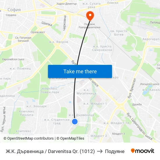 Ж.К. Дървеница / Darvenitsa Qr. (1012) to Подуяне map