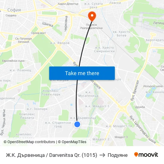 Ж.К. Дървеница / Darvenitsa Qr. (1015) to Подуяне map