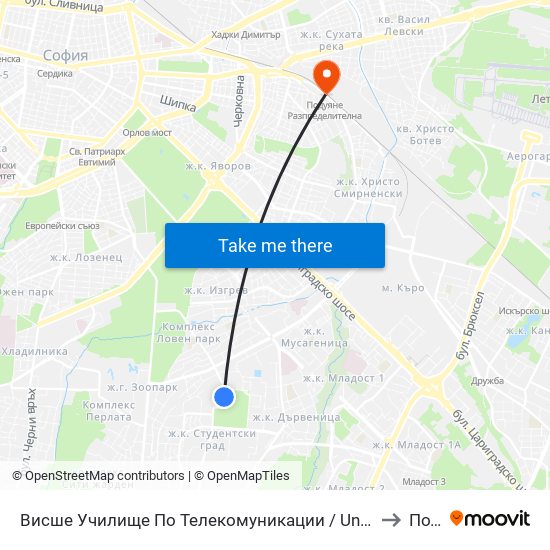 Висше Училище По Телекомуникации / University Of Telecommunications And Post (1396) to Подуяне map