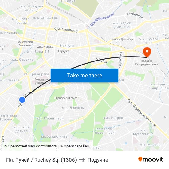 Пл. Ручей / Ruchey Sq. (1306) to Подуяне map