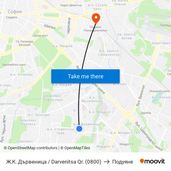 Ж.К. Дървеница / Darvenitsa Qr. (0800) to Подуяне map