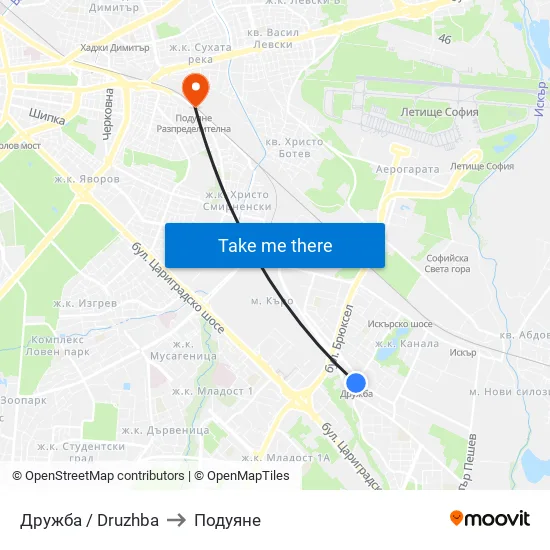 Дружба / Druzhba to Подуяне map