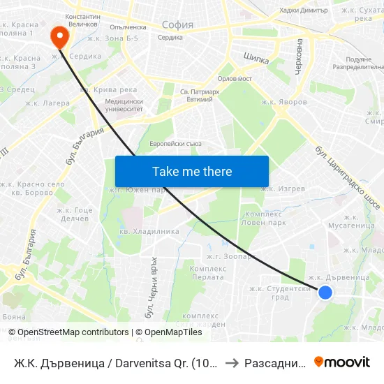 Ж.К. Дървеница / Darvenitsa Qr. (1015) to Разсадника map