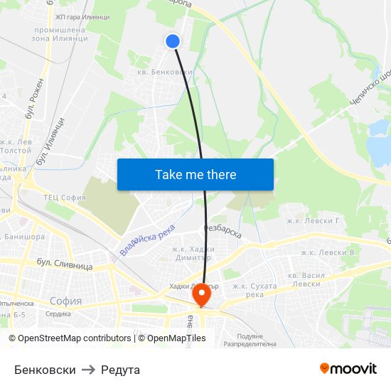 Бенковски to Редута map