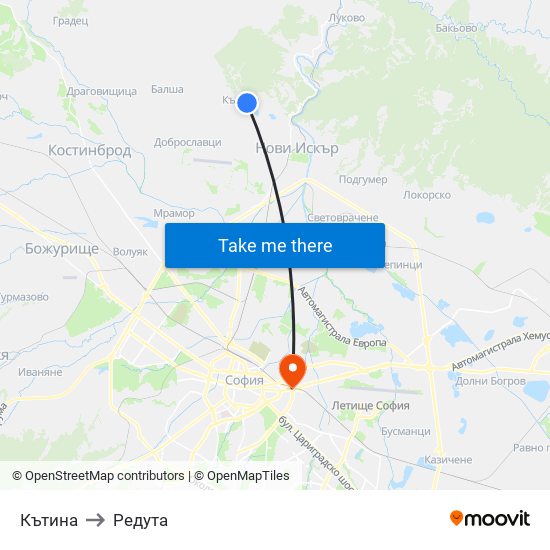 Кътина to Редута map