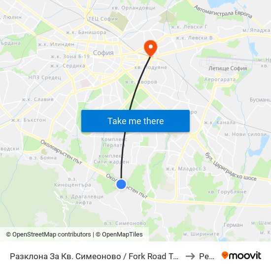 Разклона За Кв. Симеоново / Fork Road To Simeonovo Qr. (1459) to Редута map