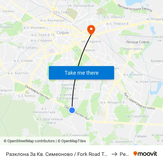 Разклона За Кв. Симеоново / Fork Road To Simeonovo Qr. (1458) to Редута map