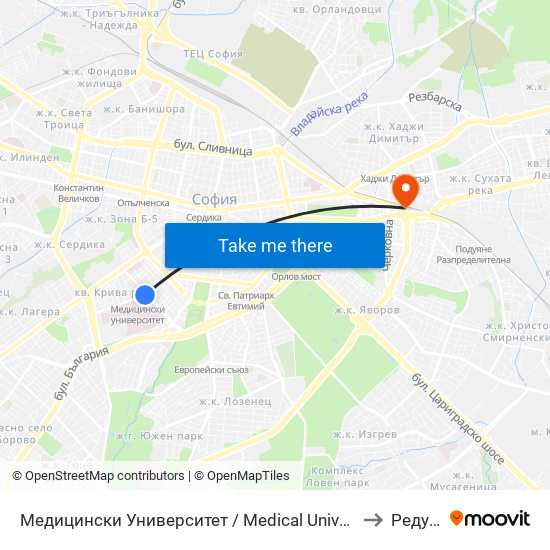 Медицински Университет / Medical University to Редута map