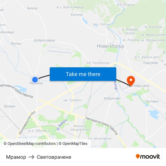 Мрамор to Световрачене map