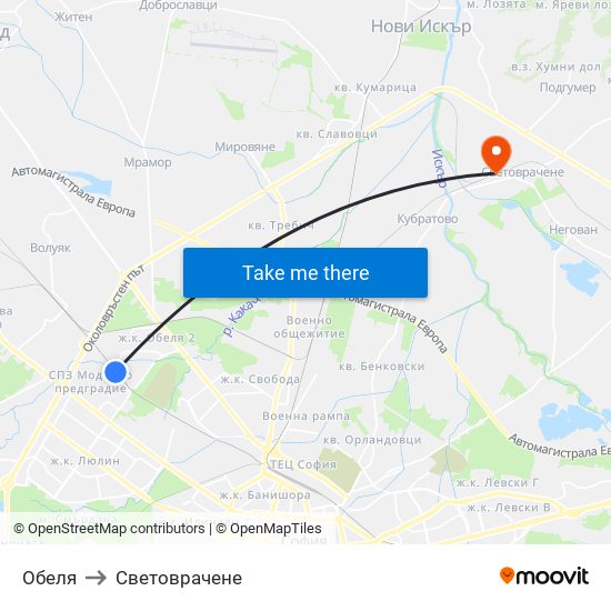 Обеля to Световрачене map