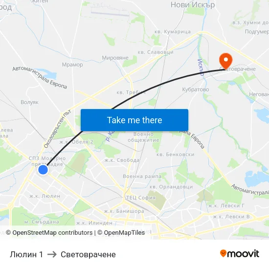 Люлин 1 to Световрачене map