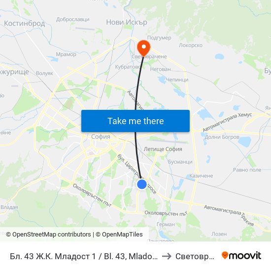 Бл. 43 Ж.К. Младост 1 / Bl. 43, Mladost 1 Qr. (0218) to Световрачене map