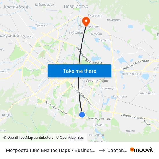 Метростанция Бизнес Парк / Business Park Metro Station (2490) to Световрачене map