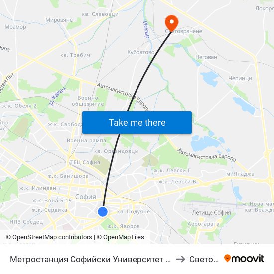 Метростанция Софийски Университет / Sofia University Metro Station (2827) to Световрачене map