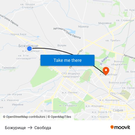 Божурище to Свобода map