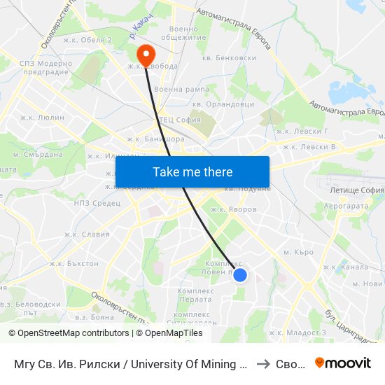 Мгу Св. Ив. Рилски / University Of Mining And Geology (1033) to Свобода map