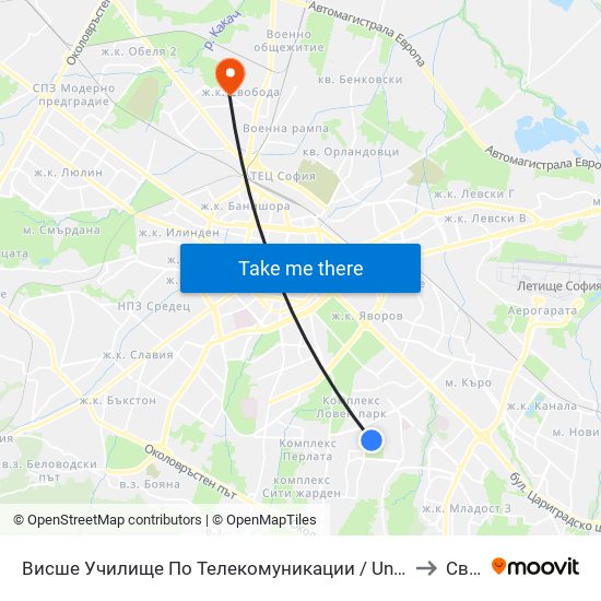 Висше Училище По Телекомуникации / University Of Telecommunications And Post (1397) to Свобода map