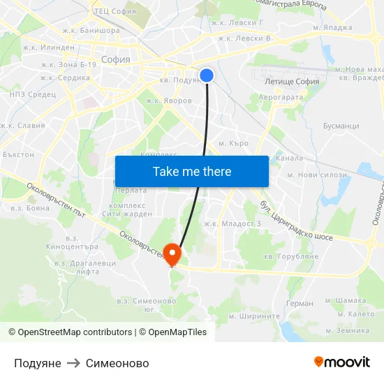 Подуяне to Симеоново map
