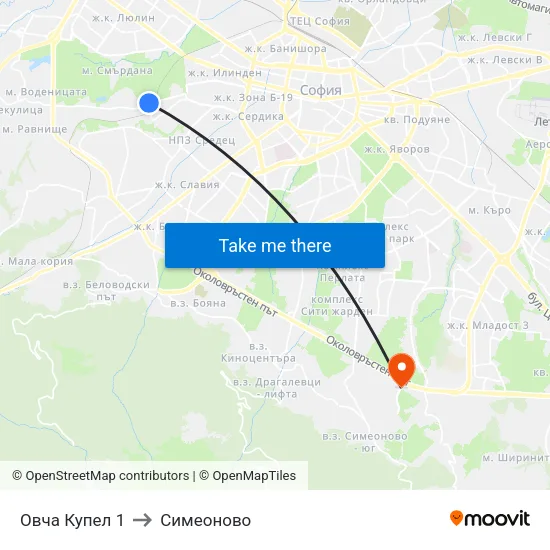 Овча Купел 1 to Симеоново map