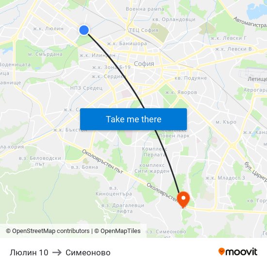 Люлин 10 to Симеоново map