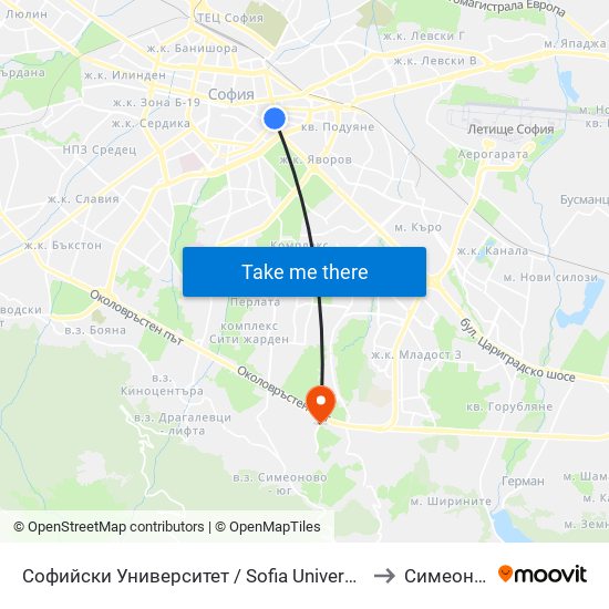 Софийски Университет / Sofia University (1697) to Симеоново map