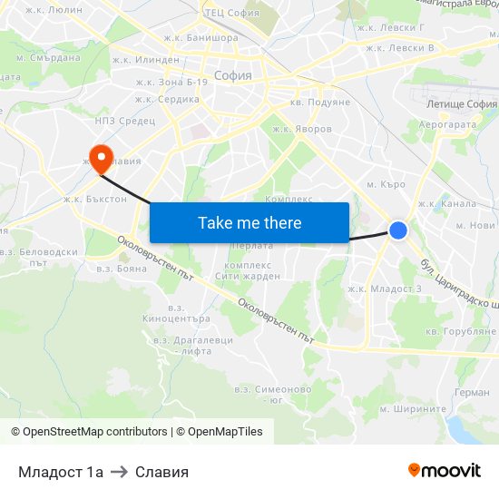 Младост 1а to Славия map