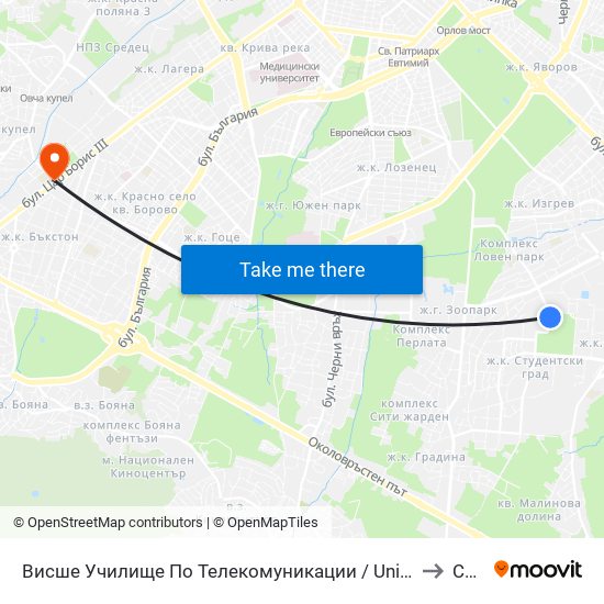 Висше Училище По Телекомуникации / University Of Telecommunications And Post (1397) to Славия map