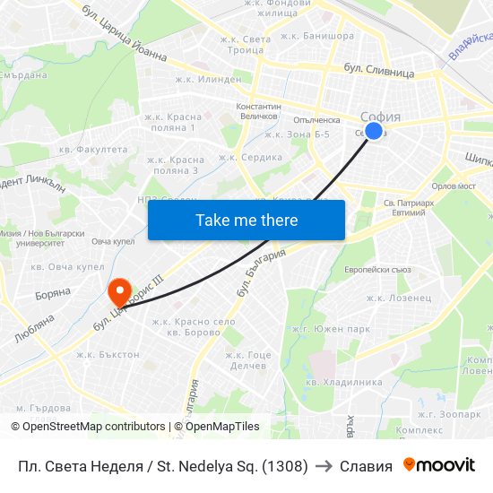Пл. Света Неделя / St. Nedelya Sq. (1308) to Славия map
