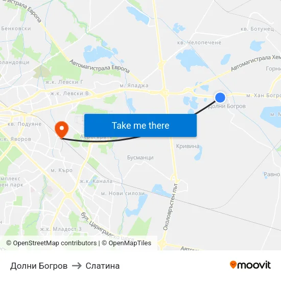 Долни Богров to Слатина map