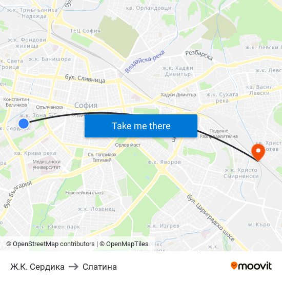 Ж.К. Сердика to Слатина map