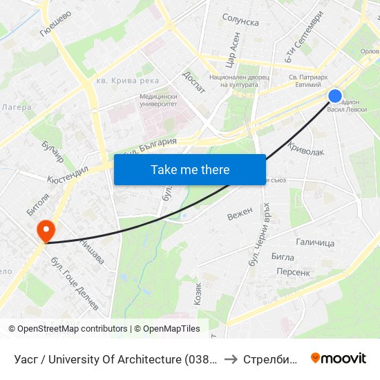 Уасг / University Of Architecture (0386) to Стрелбище map