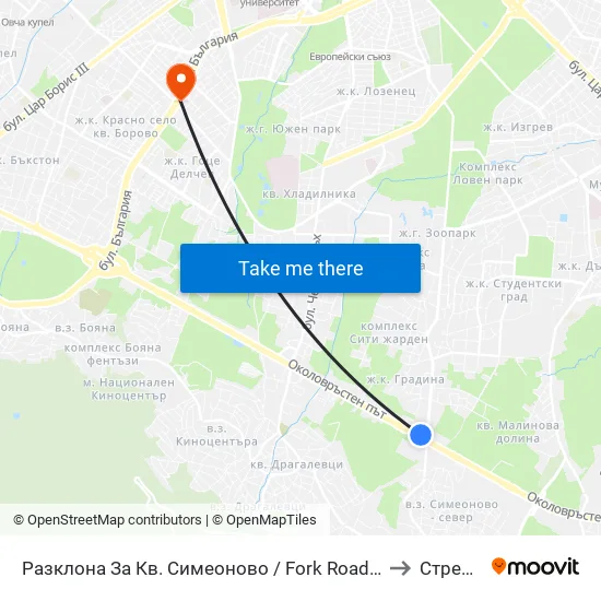 Разклона За Кв. Симеоново / Fork Road To Simeonovo Qr. (1458) to Стрелбище map