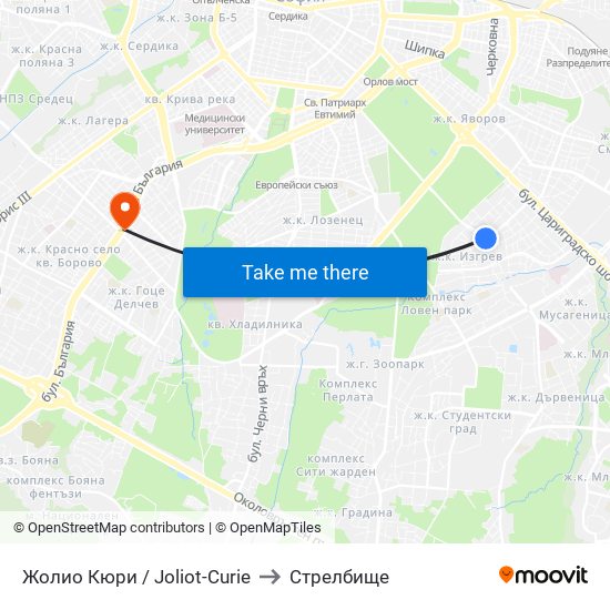 Жолио Кюри / Joliot-Curie to Стрелбище map