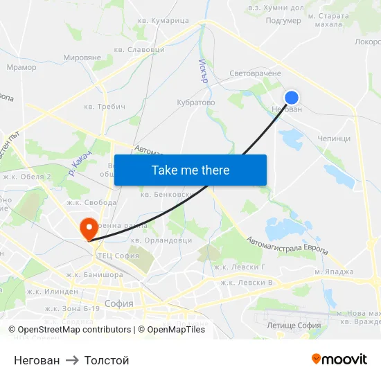 Негован to Толстой map