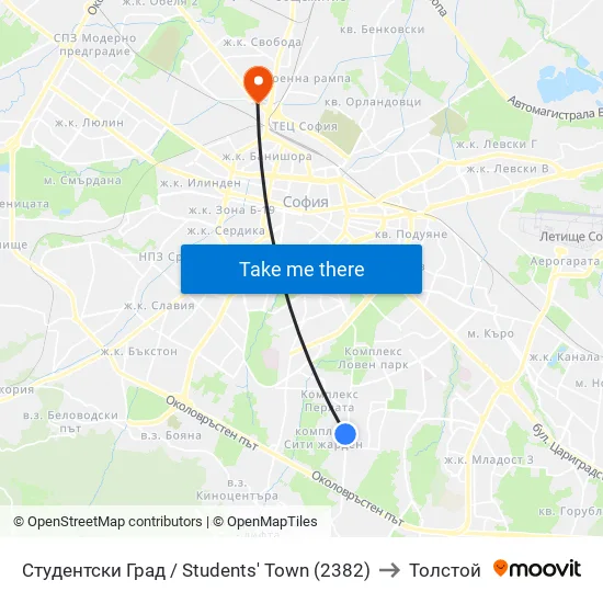 Студентски Град / Students' Town (2382) to Толстой map