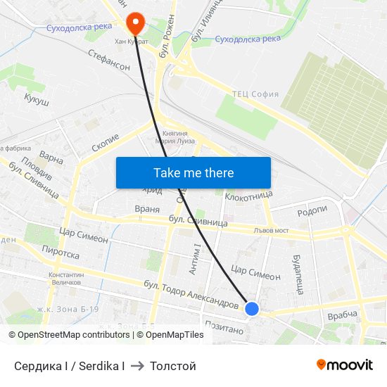 Сердика I / Serdika I to Толстой map