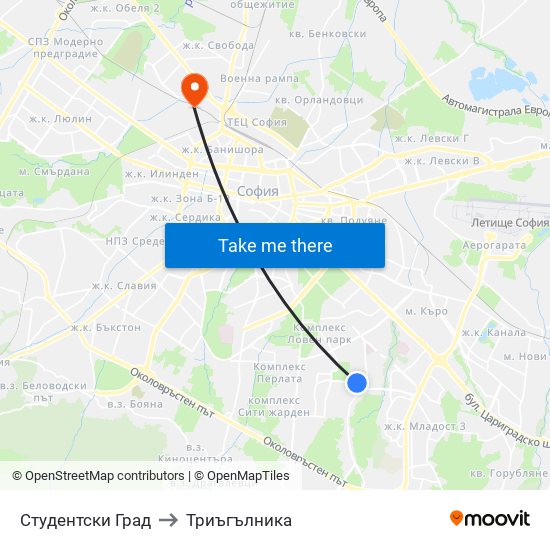 Студентски Град to Триъгълника map