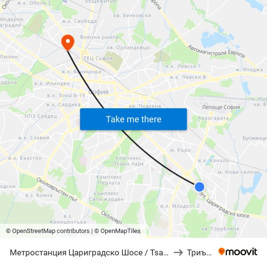 Метростанция Цариградско Шосе / Tsarigradsko Shosse Metro Station (1016) to Триъгълника map