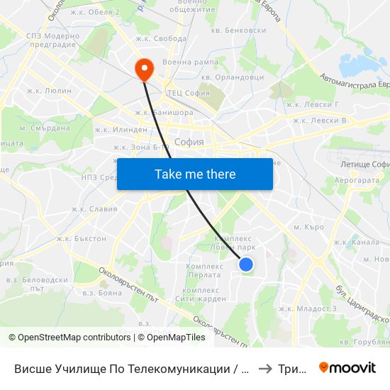 Висше Училище По Телекомуникации / University Of Telecommunications And Post (1397) to Триъгълника map