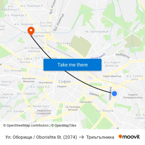 Ул. Оборище / Oborishte St. (2074) to Триъгълника map