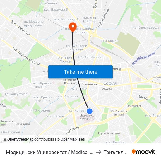 Медицински Университет / Medical University to Триъгълника map