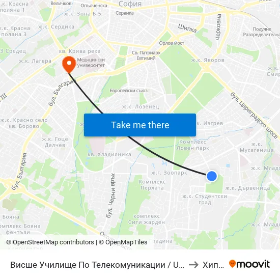 Висше Училище По Телекомуникации / University Of Telecommunications And Post (1397) to Хиподрума map