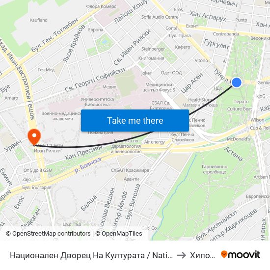 Национален Дворец На Културата / National Palace Of Culture (1139) to Хиподрума map