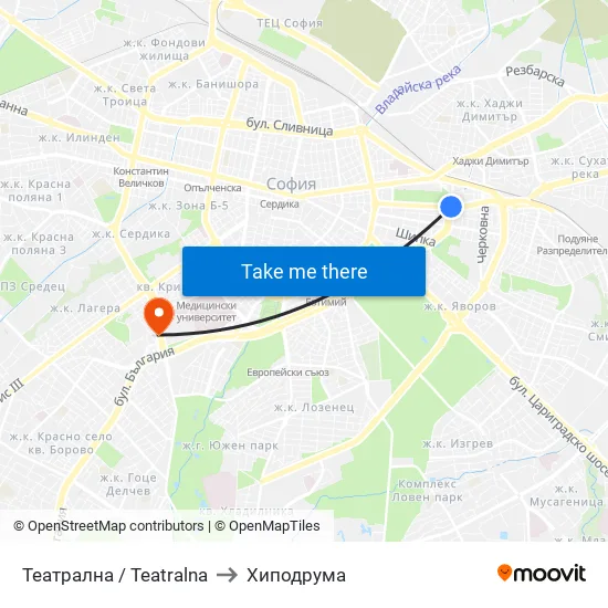Театрална / Teatralna to Хиподрума map