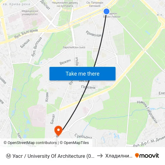 Ⓜ️ Уасг / University Of Architecture (0387) to Хладилника map